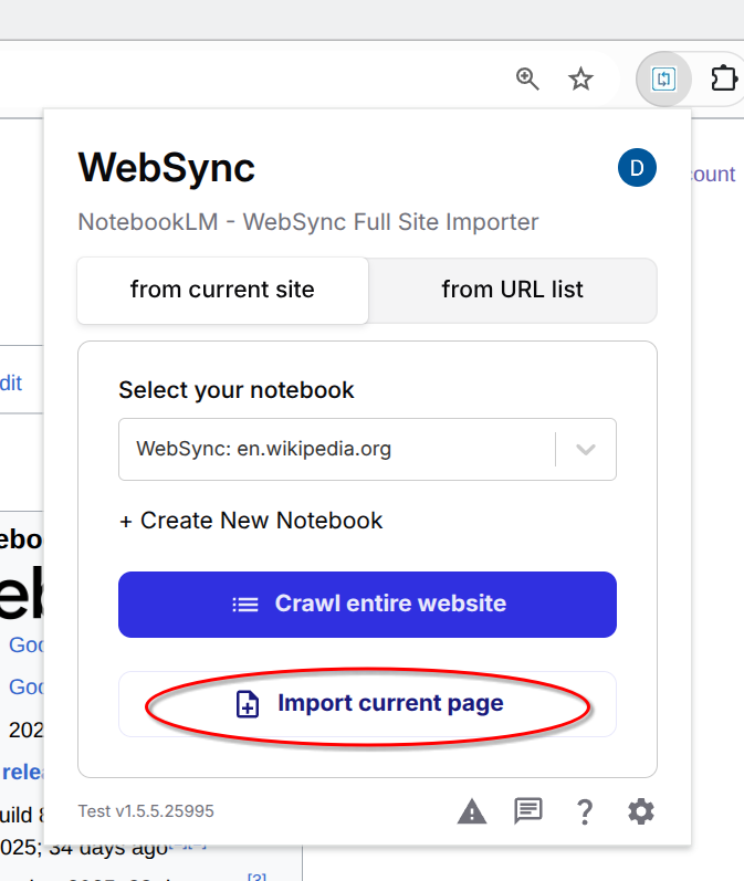 Import current page action in WebSync