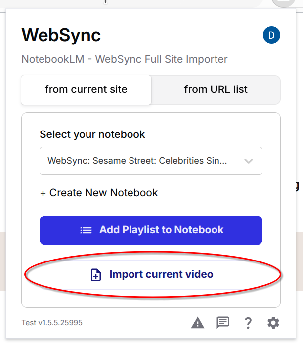 Import Video button in WebSync on a YouTube video page